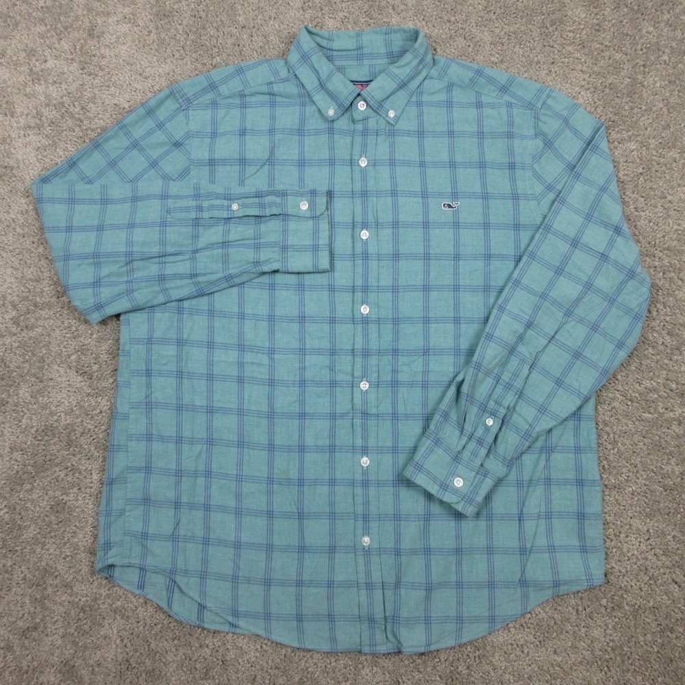 Vineyard Vines Shirt Mens XL Green Blue Plaid Whale Outdoor Preppy Button Up EUC